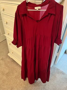 Umgee Wine Red Tiered V-Neck Midi Dress 1XL
